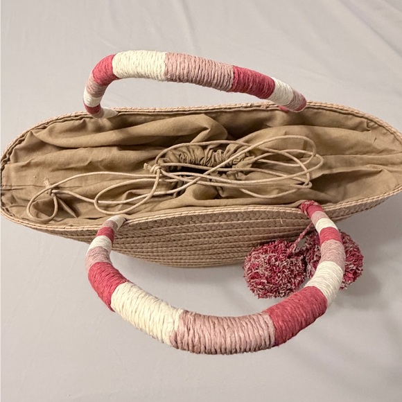 LOFT Woven Tan Tote with Red and Cream Pom Pom Accents - Picture 8 of 10